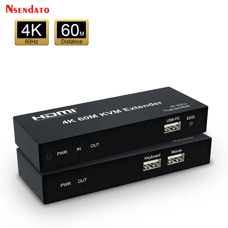 4K 60Hz HDMI 60m KVM Extender over RJ45 Ethernet Cat5e/6 USB Extender HDMI Video Transmitter Receiver kit For Mouse Keyboard