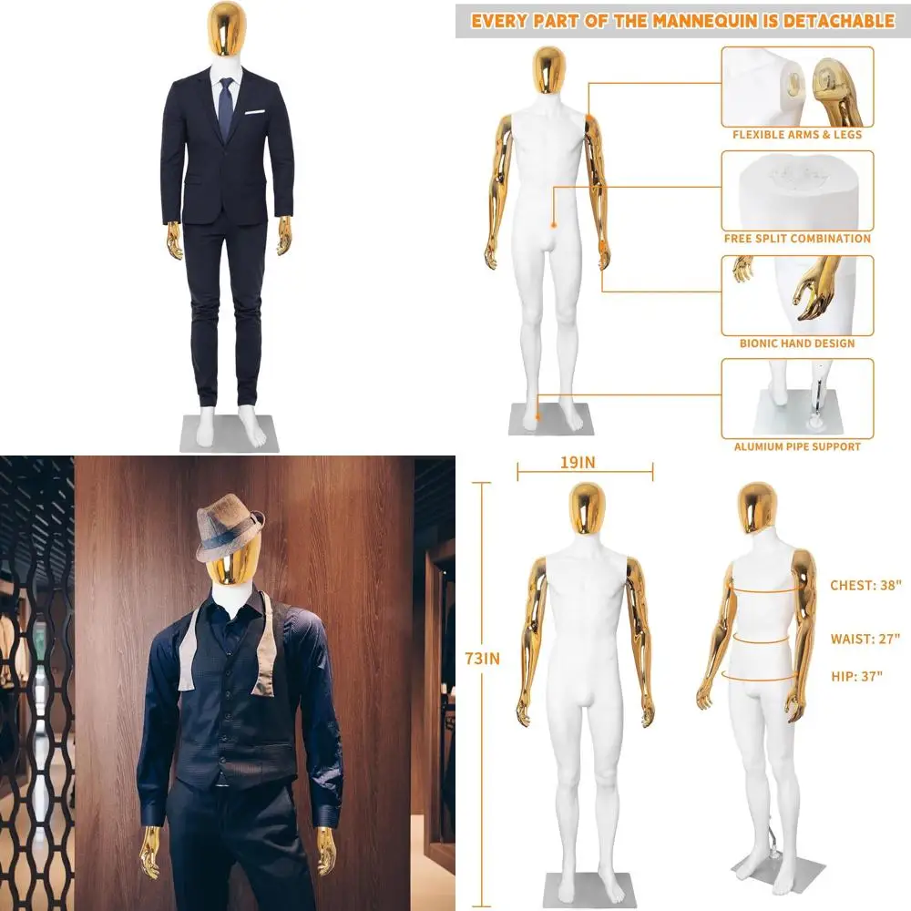 

Регулируемый пластиковый мужской манекен 73 дюйма со съемной головой, металлическим основанием, белым телом и золотыми руками