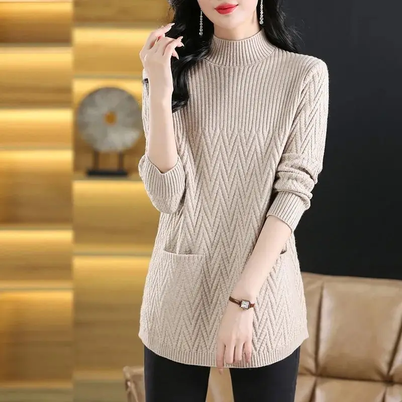 Temperament Autumn/Winter Women\'s Sweaters Pullovers Mock Neck Solid Pockets Screw Thread Fashion Long Sleeve Long Knitted Tops