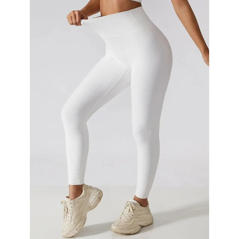 High Waist Yoga Pants Women Seamless Sport Pants Ribbed Knitted Fitness Leggings Solid White Running Pants Quick Dry Gym Leggins