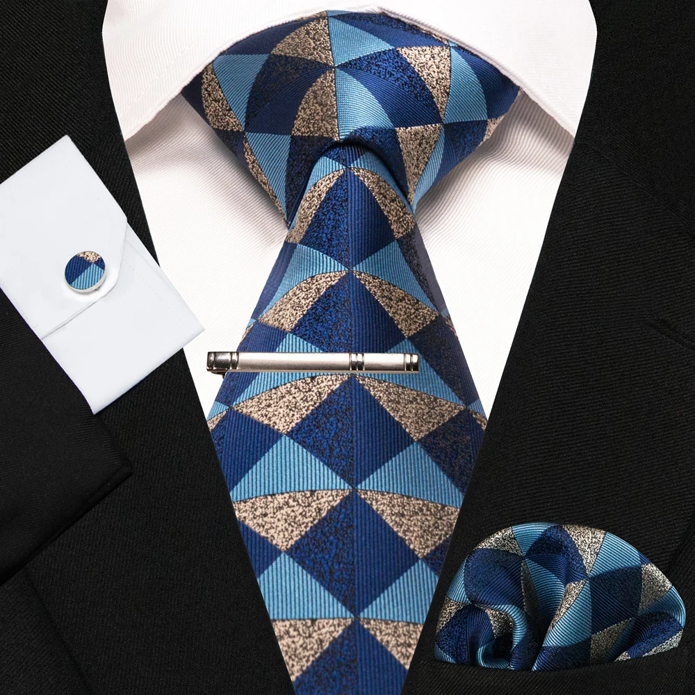 8cm Seidenkrawatten für Herren, grün-schwarze Krawatten, kariert, gestreift, Krawatten-Set mit Einstecktuch, Manschettenknöpfen und Krawattenklammern, für Hochzeit, Business, Party. – Detail 37