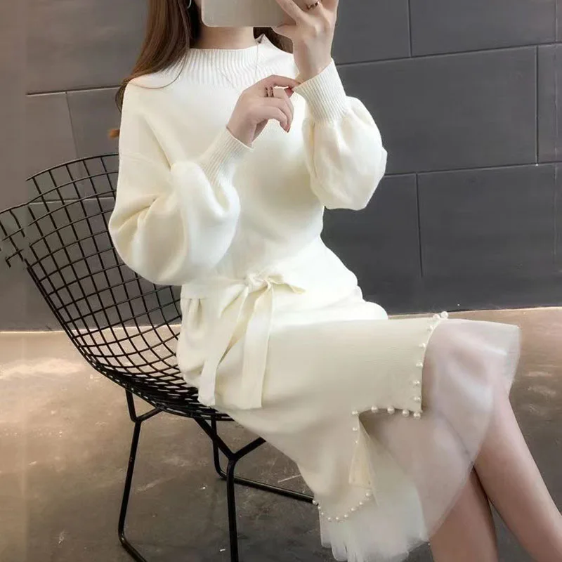 

Girl Korean Lantern Sleeve Sweater Dress Fashion Pearl Decorate Midi Dress Women Sweet Cute Mesh Patchwork Fairy Knitted Dresses