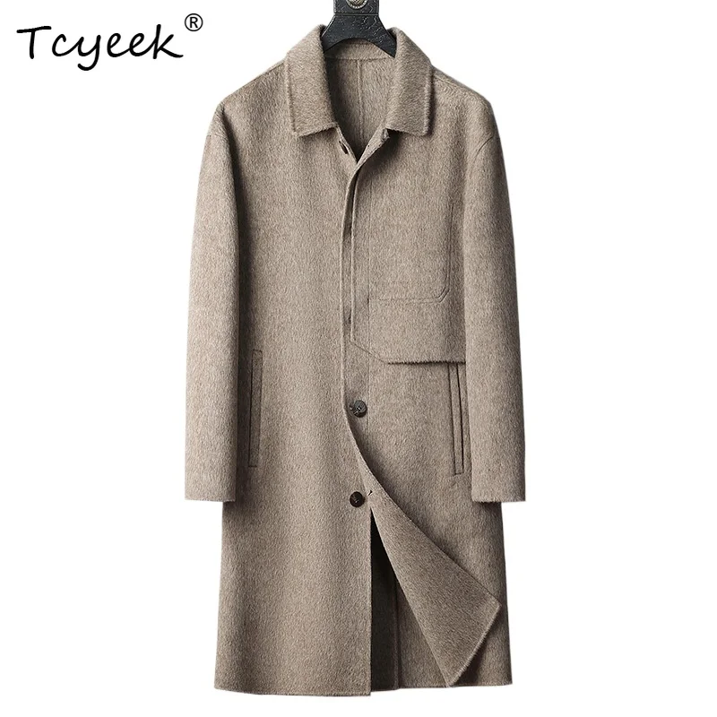 Tcyeek 100% Wool Autumn Winter Trendy Lapel Solid Color Medium Length Men's Wool Coat Пальто Женское Длинное Casacos Masculinos