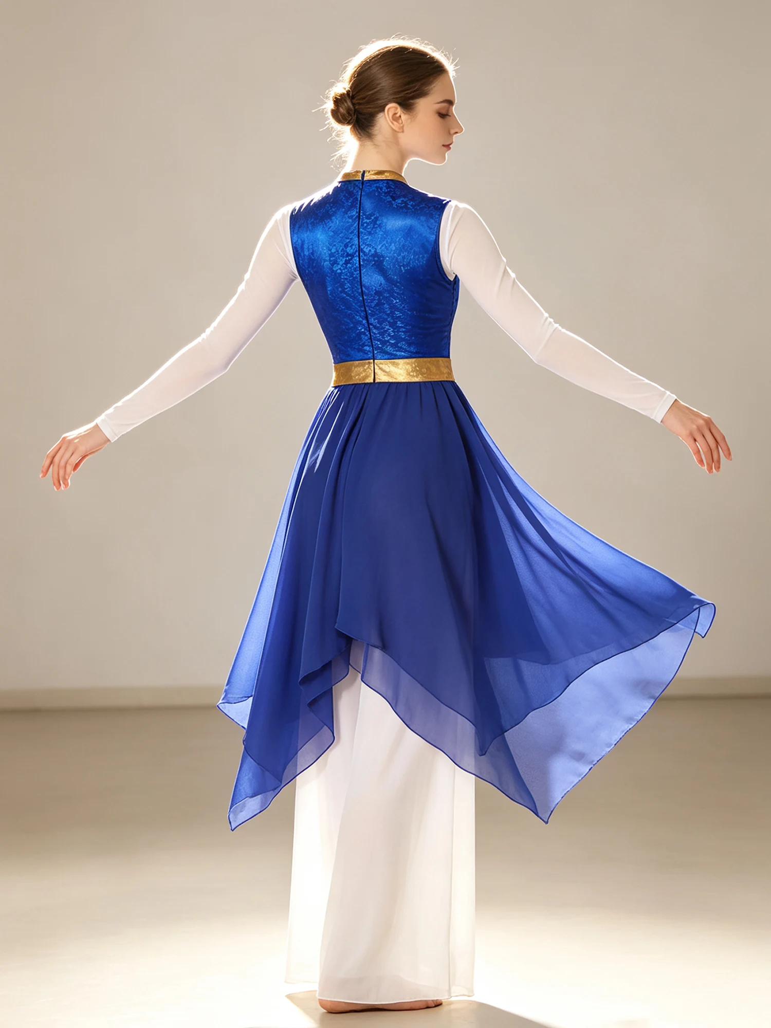 Women Lyrical Dance Dress Worship Praise Costume Print Metallic Splice Bodice Front Keyhole Sleeveless Irregular Hem Tunic Dress