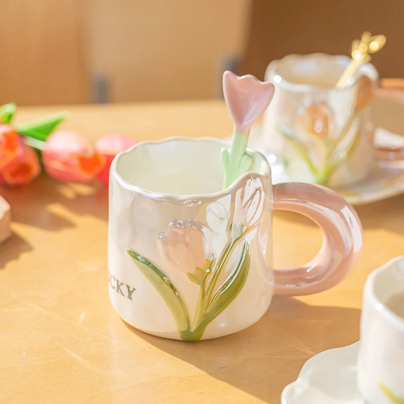 

Latte Handle Coffee Cup Office Travel Flower Ceramic Reusable Coffee Cup Portable Cold Canecas De Porcelana Home Accessories