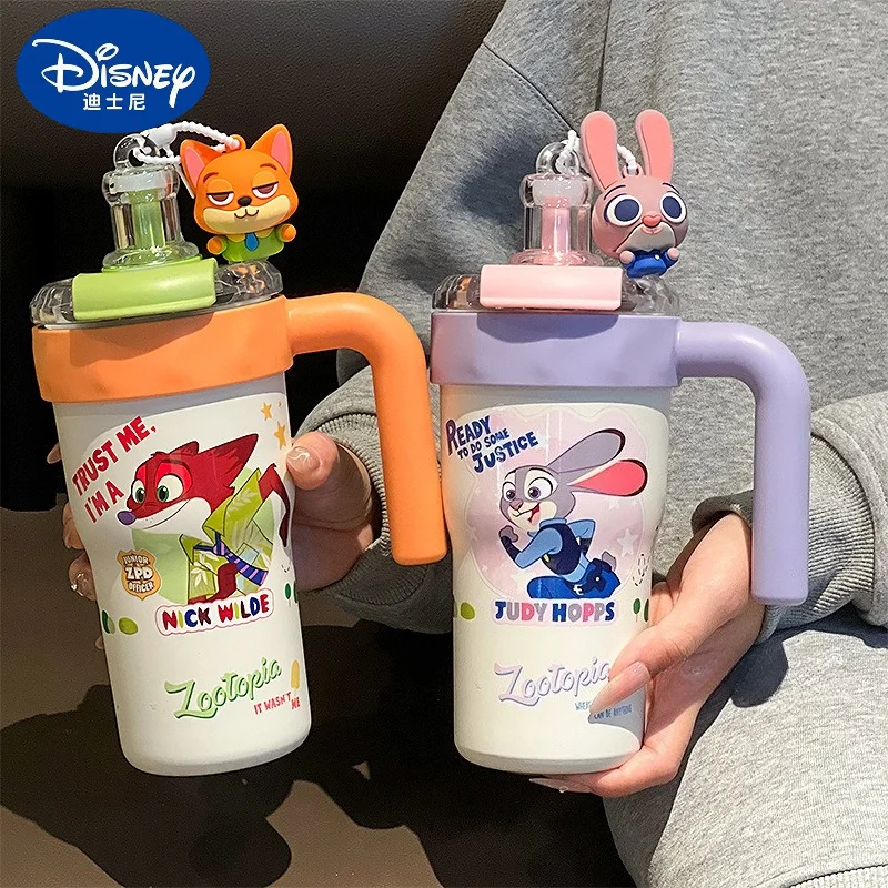 

800ml Disney Water Cup Zootopia Judith Nick Cartoon Anime Printing Accessories Kawaii Office Straw Cup with Handle Holiday Gift