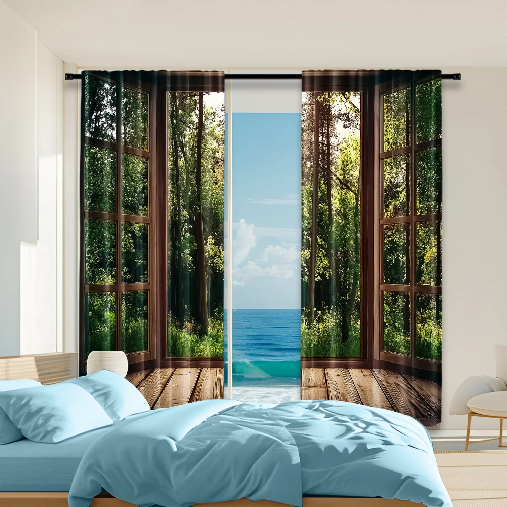 

2Pcs Forest Scenery Printed Window Curtains Rod Pocket Decorative Window Drapes Window Treatments For Bedroom Living Room Home