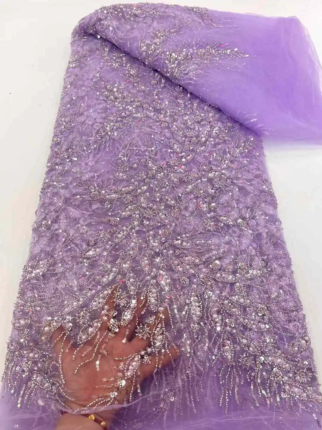 2025 France High-End Luxury Elegant Purple Handmade Beaded Lace Fabric Nigerian With Sequins Mesh Lace Fabric For Wedding Dress