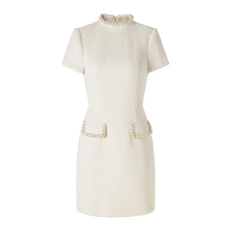 HKSH 2025 Autumn Winter New Women's Gown Dress Square Collar Beaded Waist Cinching Slim Fit Elegant Formal Party Dresses HK14492