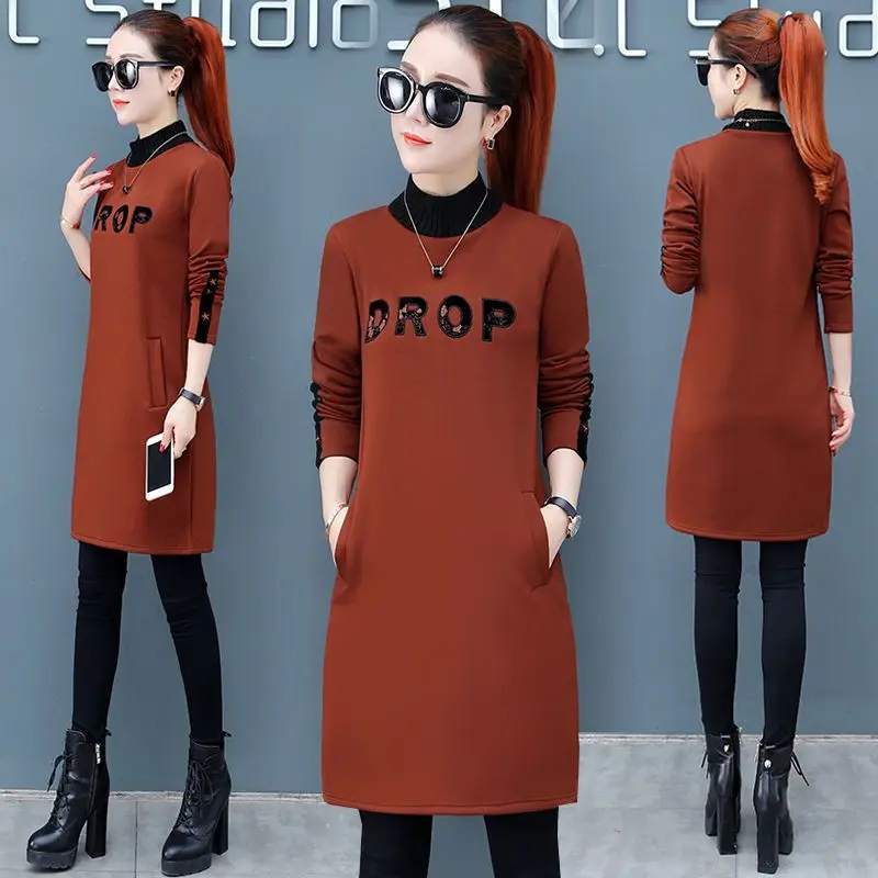 Autumn and Winter 2023 Plush High Neck Mid Length Sweatshirt for Women New Korean Version Slimming Print Shirt