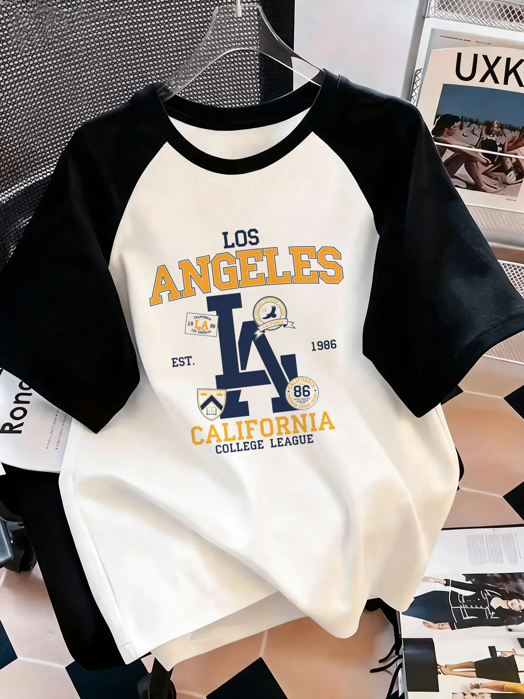 American City Letters Print Trend Retro College Style T Shirt Women's Raglan Short Sleeve Crew Neck T-shirt Casual Tops Clothes