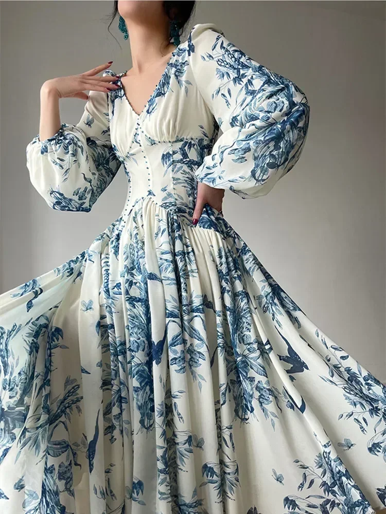 

Runway Luxury Beading High Waist Party Dresses Brand Women Vintage Elegant Lantern Sleeve Chic Blue White Porcelain Print Dress