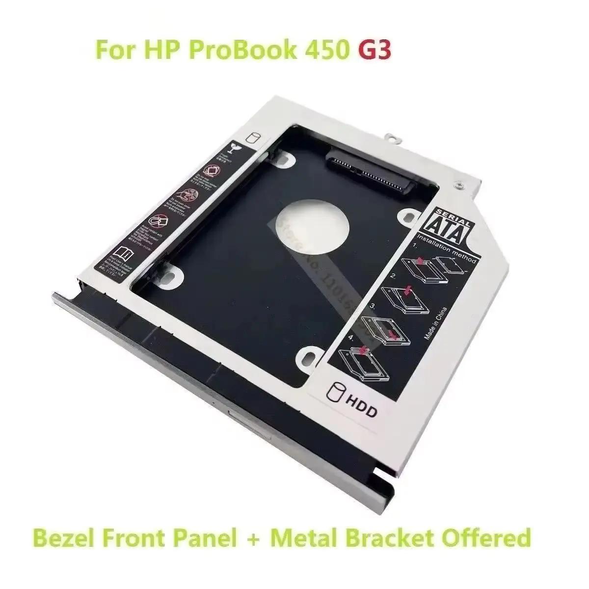 With Bezel Faceplate 9.5mm 2nd Second SATA Hard Drive HDD SSD Optical Bay Caddy Frame Bracket for HP ProBook 450 G1 or G3