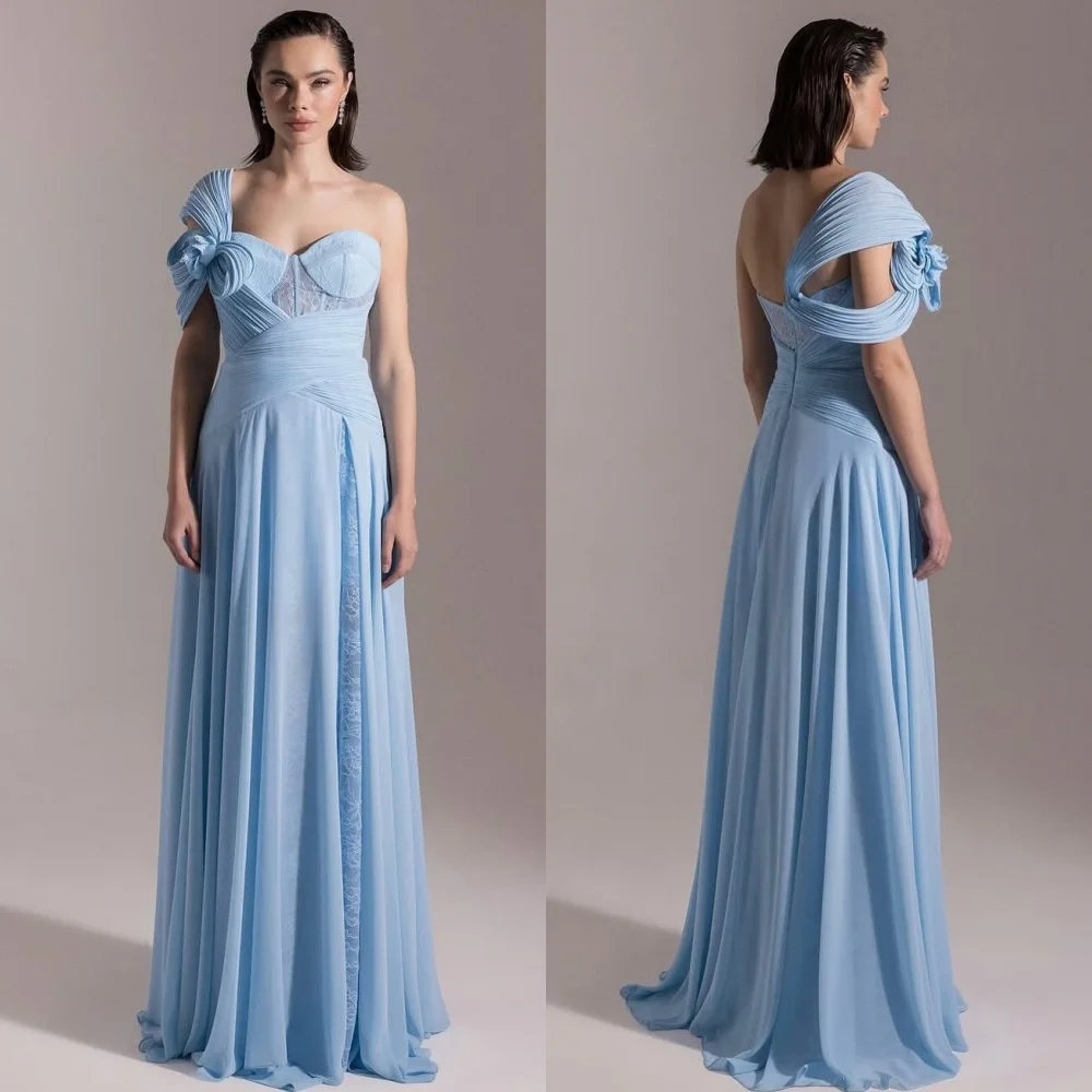 

Customized Intricate Chiffon Pleat Lace A-line One-shoulder Long Dresses Bespoke Occasion Celebrity Chinese Style