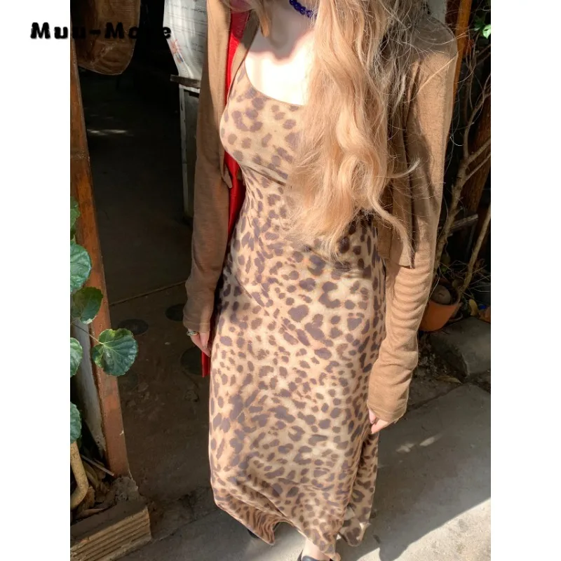 

Women Vintage Sexy Backless Round Neck Sheath Suspender Dresses Hotsweet High Waist Leopard Print Chiffon Party Club Dress