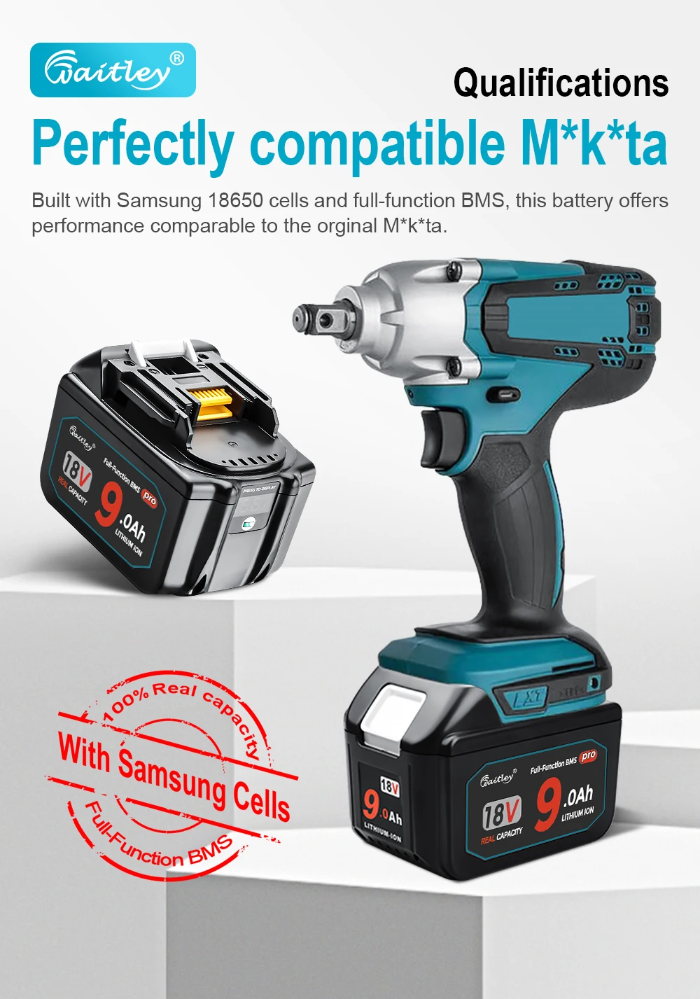 2PCS Waitley 9Ah Batterie Pro Für Makita 18V Power Tools Wiederaufladbare batterien Mit Samsung zellen/Ersatz Zubehör – Detail 4