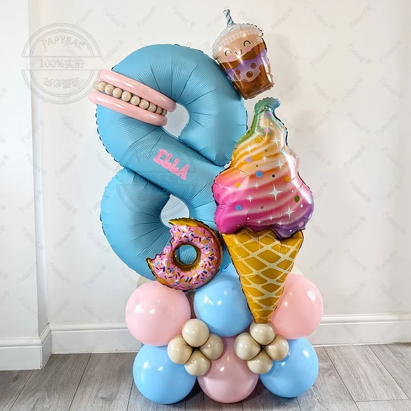 29-teiliges Eiscreme-Ballon-Set mit Folienstern und blauen Zahlenballons für Mädchen-Donut-Geburtstagsfeier-Dekorationen DIY-Geschenk