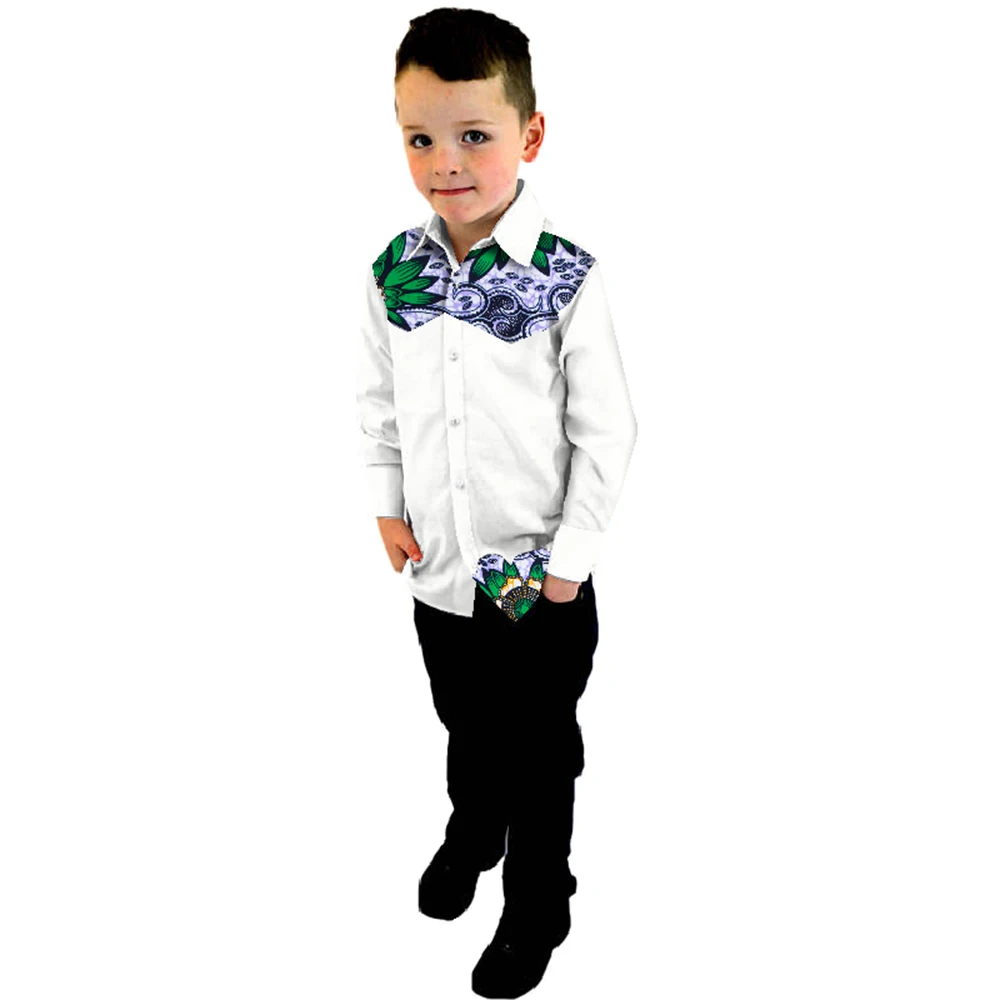 Boy's Heart Pattern Tops Bazin Riche African Wax Print Patchwork Cotton Shirt Pant Set for Boys Children Kids Clothing WYT151