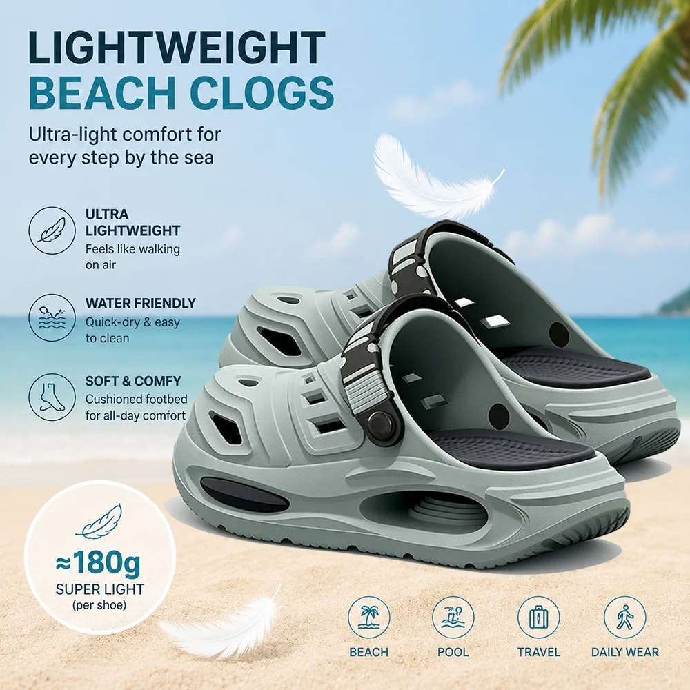 Men Lightweight High Elastic EVA Platform Clogs Removable Insole Waterproof Quick Dry Outdoor Walking Driving Casual Sandals
