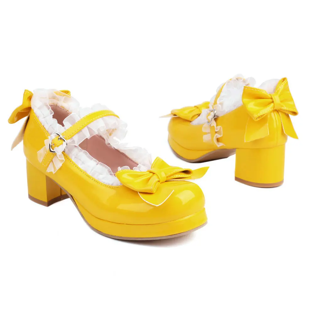 

Туфли Мэри Джейн из лакированной кожи Sweet Lolita JK Princess Maid Косплей Туфли для чаепития Kawaii Bow Med Heels Кружевной ремешок Плюс Размер