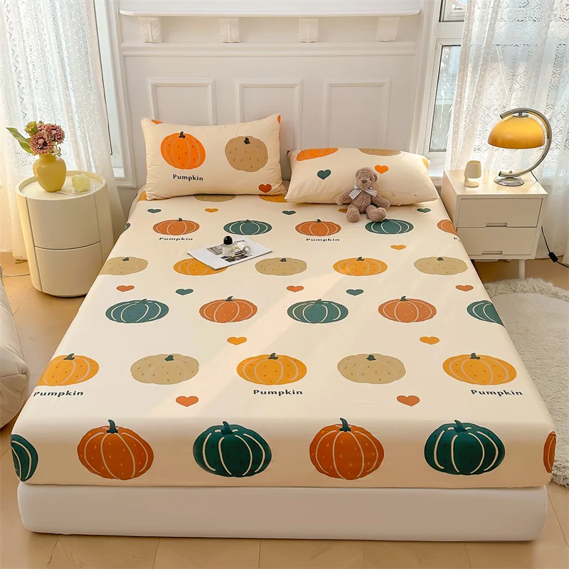 Cotton Autumn Pumpkin Fitted Sheet with 2 Pillowcase Cartoon Love Heart Pattern Deep Pocket Bed Sheet Set for Thanksgiving Gift