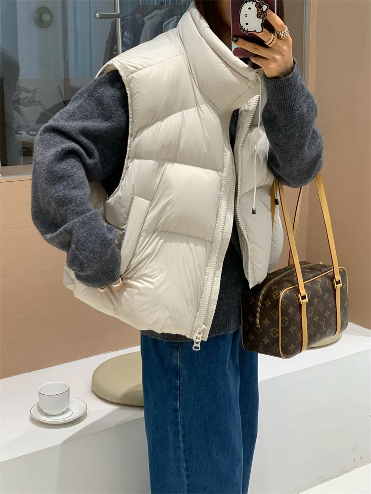 

Warm Puffer Vest FEITA Loose Bread ape White Du down Stand Collar Casual Sle Women's Jaet Thiened Zipper ket