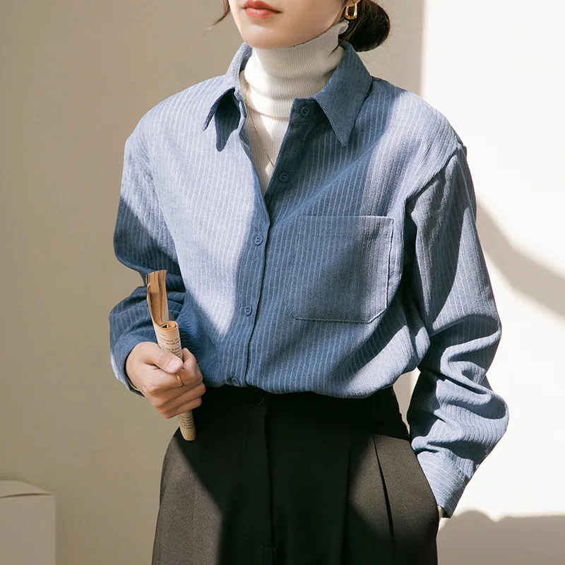 

New Corduroy Shirts Women's Striped Shirts in Autumn and Winter Are Designed with a Sense of Niche French Bottoming Shirt Tops