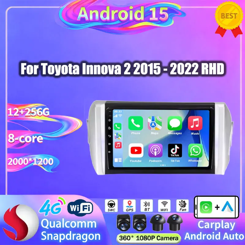 For Toyota Innova 2 2015 - 2022 Android 15 Wireless Carplay Auto WIFI+4G Car Radio Multimedia Video Player Stereo Navigation GPS