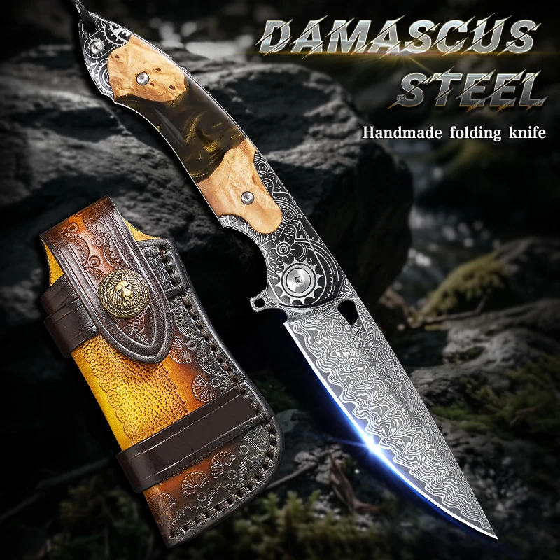 Damascus Steel Folding Knife, Men's Pocket Knife, Resin Maple Handle with Sheath, Outdoor Hunting, Mountaineering EDC Knife