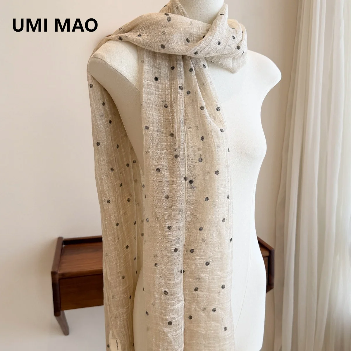 umi-mao-水玉模様の女性用スカーフ、春と夏の薄い韓国スタイルのファッショナブルなコットンとリネンのスカーフ、芸術的なスタイルの旅行用
