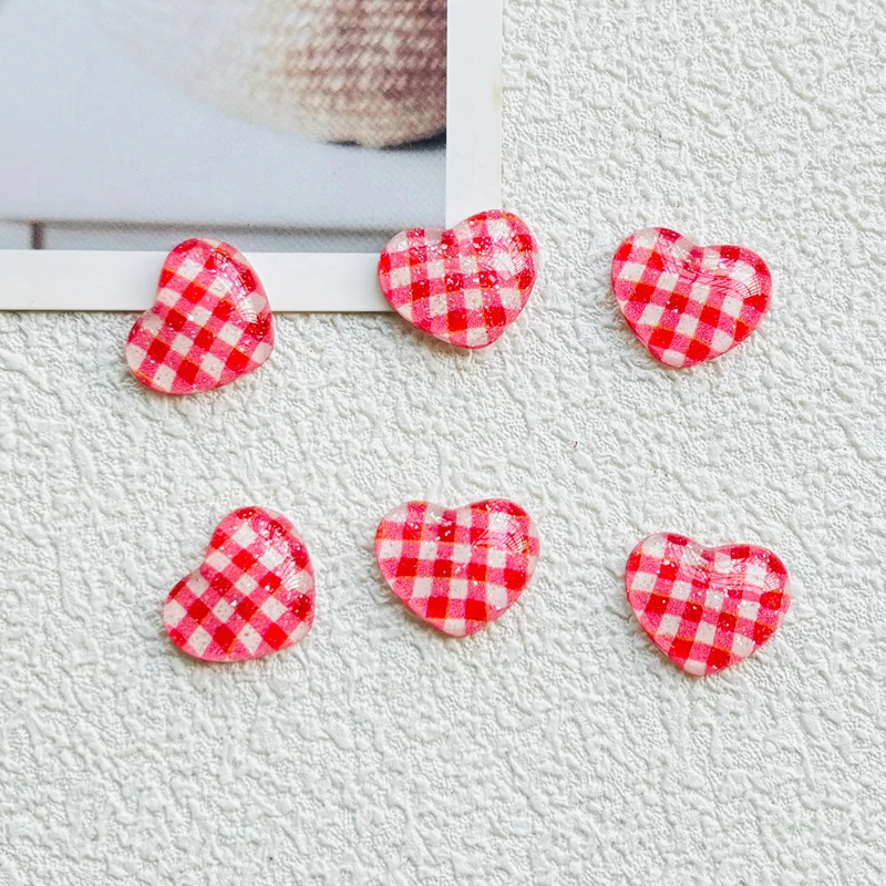 10 pieces of resin cartoon red checkered peach heart used for hair accessories and jewelry making, scrapbooks and crafts L143