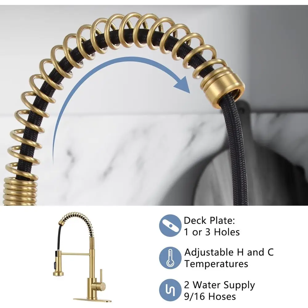 High Arc Pull-Down Sprayer Faucet in Brushed Gold for Single or 3-Hole Kitchen Sinks with Deck Plate, Suitable for Farmhouse and