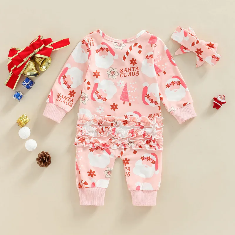 0 to 18 Months Christmas Baby Girls Rompers Long Sleeve Crew Neck Gingerbread Man/Santa Claus Zipped Jumpsuit with Bow