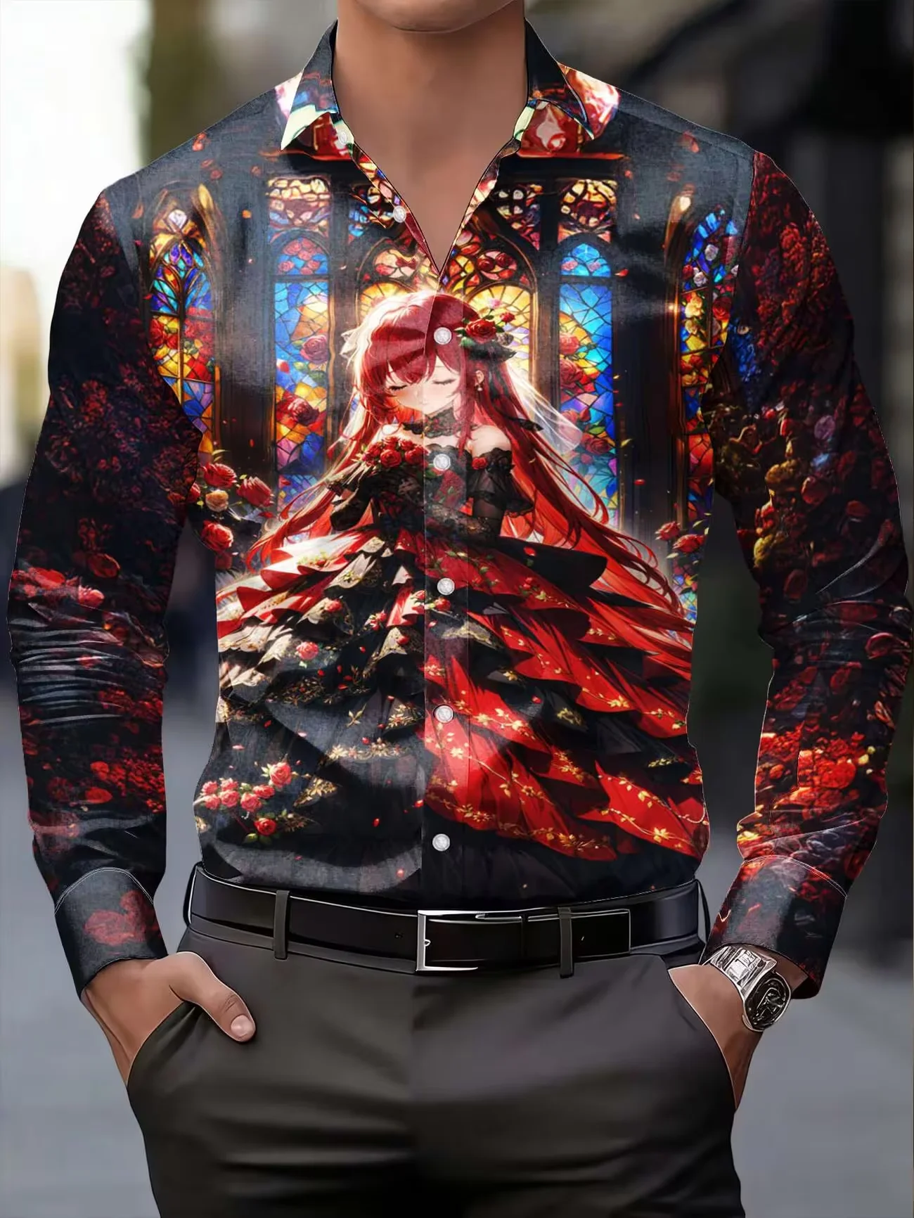 New white background fine red heart-shaped checkered printed men's long sleeved shirt with fresh and casual style