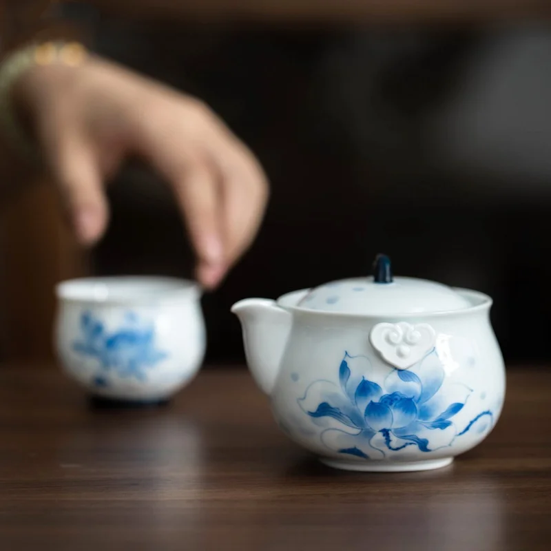 Hand Drawn Beautiful Lotus Teapot Tea Maker  Kettle  Ceremony Lady  Set Kungfu  Set Ball Hole Filtration Single Pot