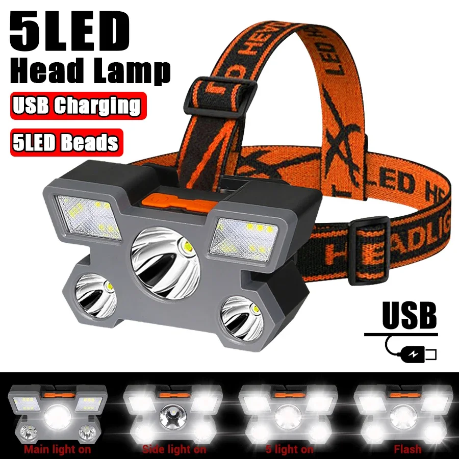 Powerful 5 LED Headlight USB Rechargeable Ultra Bright Headlamp Built-in 18650 Battery Head Torch Outdoor Camping Searchlight