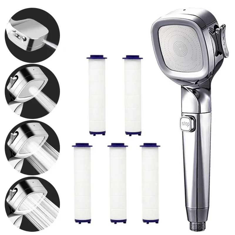 High Pressure Shower Head with Switch on and Off Button, Water Saving Sprayer, Adjustable Nozzle Filter for Bathroom, 4 Modes