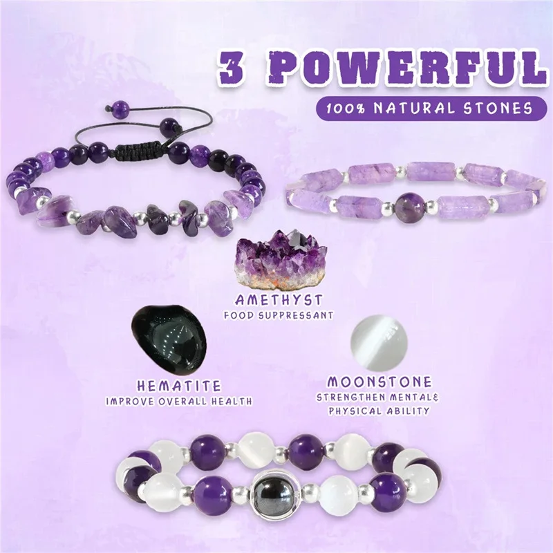 3pcs/Set Body-Purifying Amethyst Bracelet for Weight Loss, Yoga, and Meditation - Healing Stone Jewelry for Women and Men