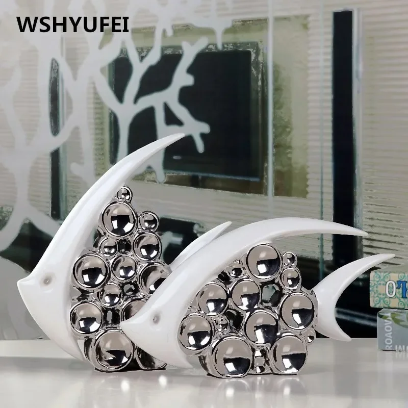 

Silver Plated Bouble Couple Kiss Fish Vase Modern Europe Ceramic Furnishing Articles Office Home Livingroom Ornament Decoration