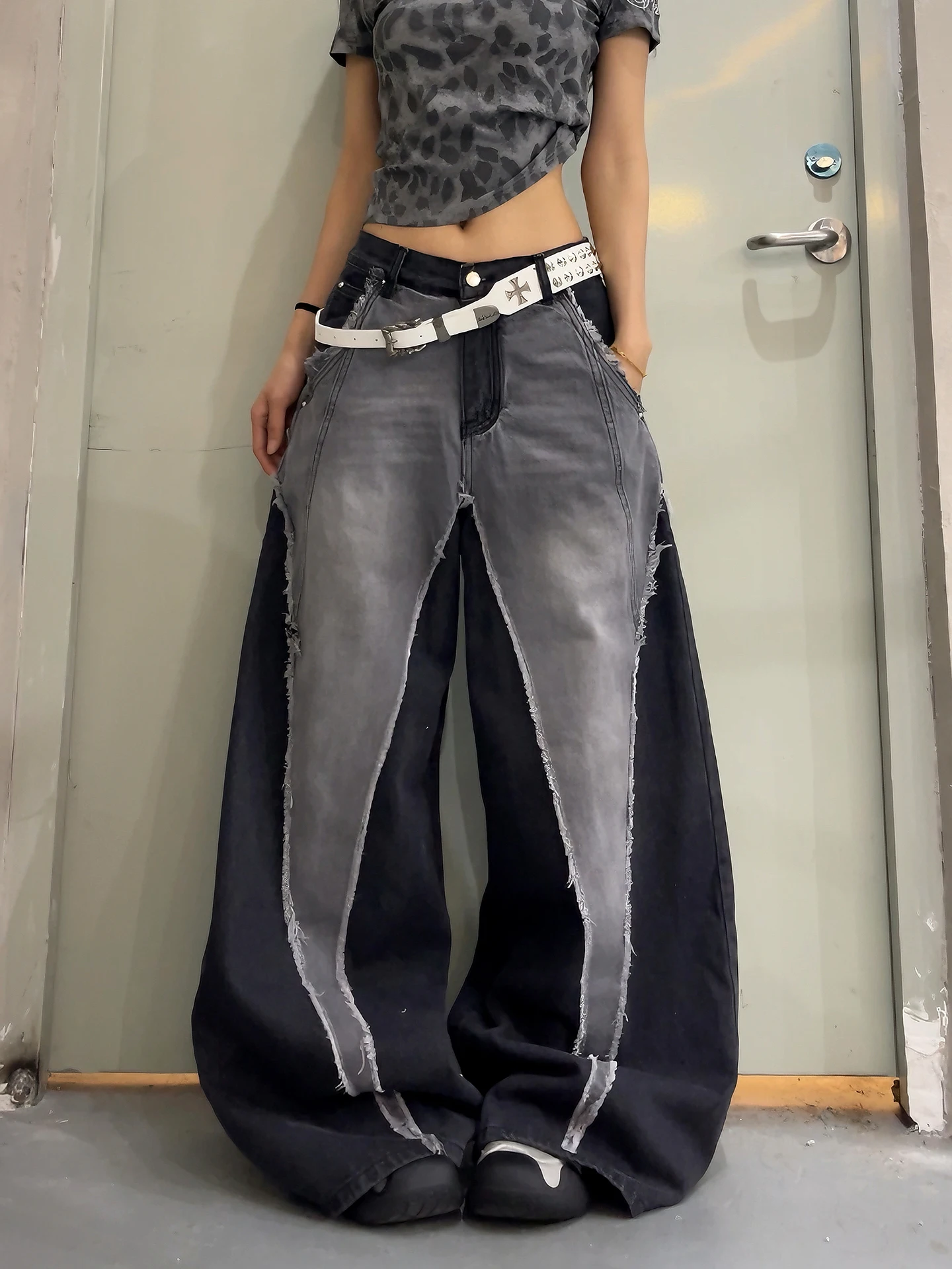 

Street Style DoubleD Washed Loose Leggings Jeans Color Block Splicing Men Women Wide Leg Pants Casual Breathable Cotton