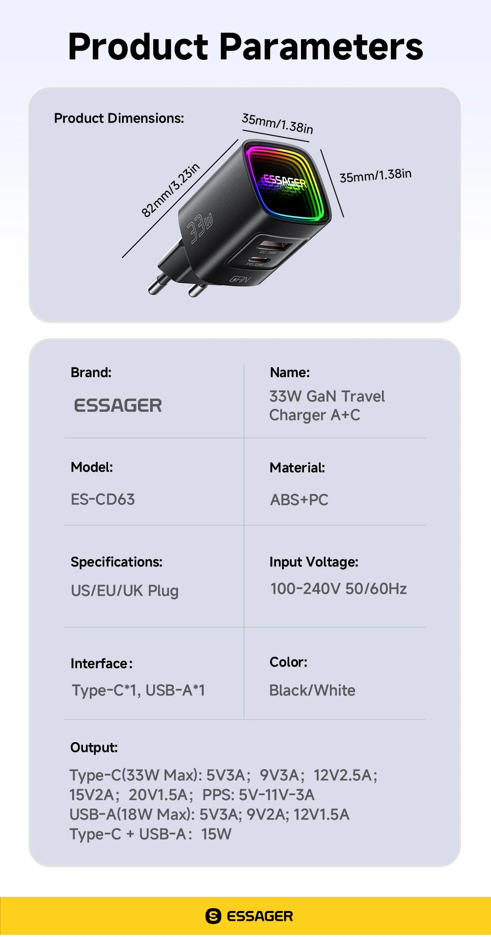 Essager 33W GaN USB Typ-C Ladegerät Tragbares PD-Schnellladegerät für iPhone 17/16/15/14 Pro Max iPad Xiaomi Samsung S25 RGB – Detail 12