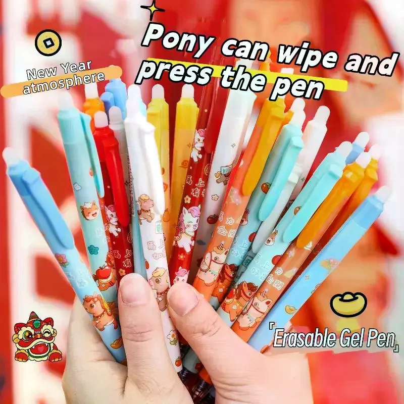 

Набор из 3 милых мультяшных новогодних ручек-пони: стираемые гелевые ручки-кисти с нажимным механизмом, канцелярские товары для студентов, новогодние подарки