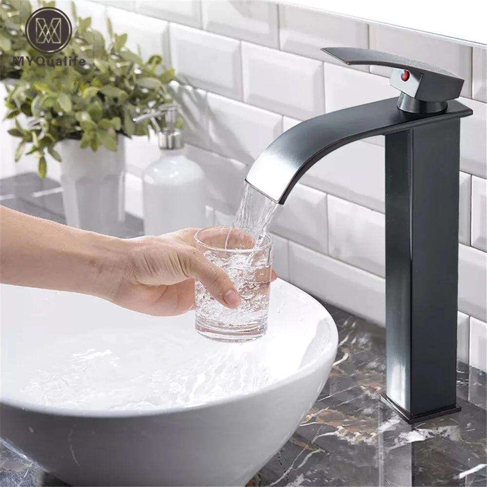 Black Waterfall Basin Sink Faucet Tall Bathroom Mixer Tap Wide Spout Vessel Sink Fauet Hot Cold Water Tap