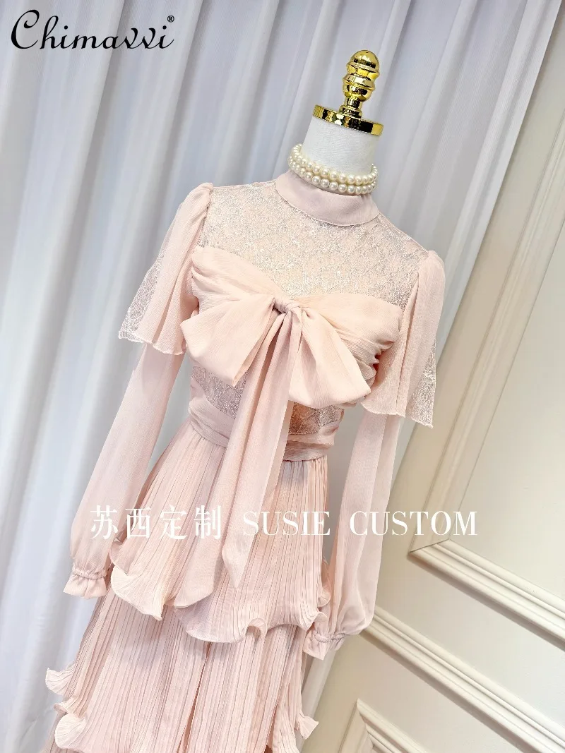 

High-end French Fairy Lace Dress Bow Ties Waist-cinching Ruffled Dress Spring Elegant High-waisted Princess Holiday Long Dresses