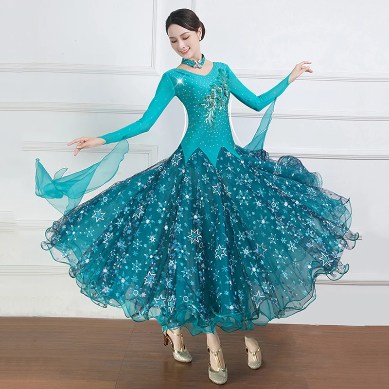 High-End Moderne Waltz Prestaties Kleding Lange Mouwen Strass Vrouwen Ballroom Concurrentie Jurken Volwassenen Stadium Dancewear