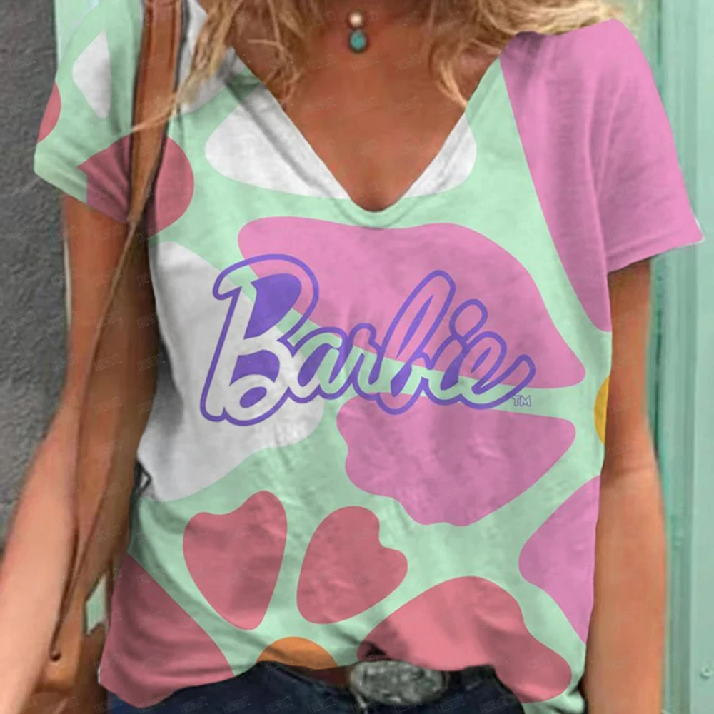 Disney Summer Women T-shirt Barbie Ken Printed Tops Tees Female Fashion Short Sleeve Clothing Girls Luxury Leopard Streetwear