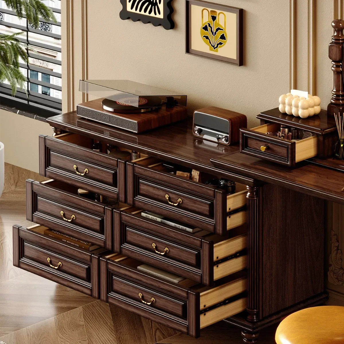 DSA medieval style solid wood dresser chest integrated master bedroom dressing table desk with mirror makeup table