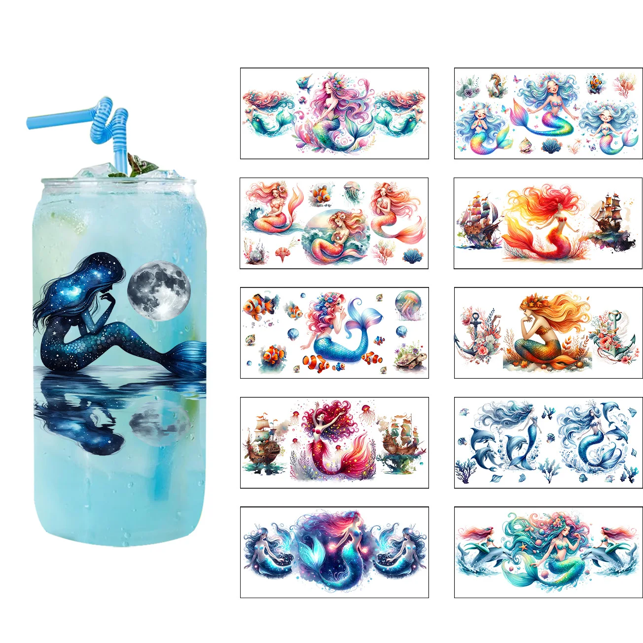Cartoon Kawaii Mermaid Design UV DTF Libby Wraps 16Oz Glass Cups Scratch Resistance Custom Decals