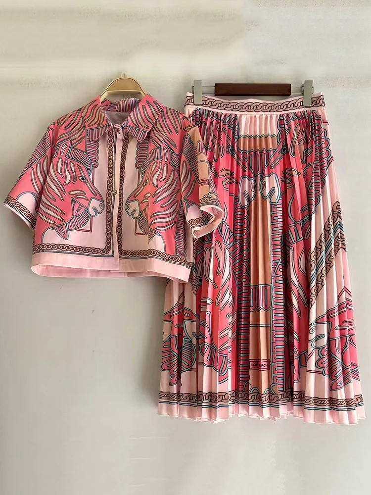 Designer style retro geometric print lapel short shirt two-piece set for summer women's wear+loose pleated skirt fashion set