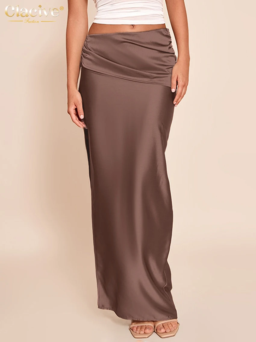 

Clacive модная свободная коричневая атласная женская юбка 2025 повседневная длинная юбка с высокой талией элегантная классическая однотонная юбка женская одежда